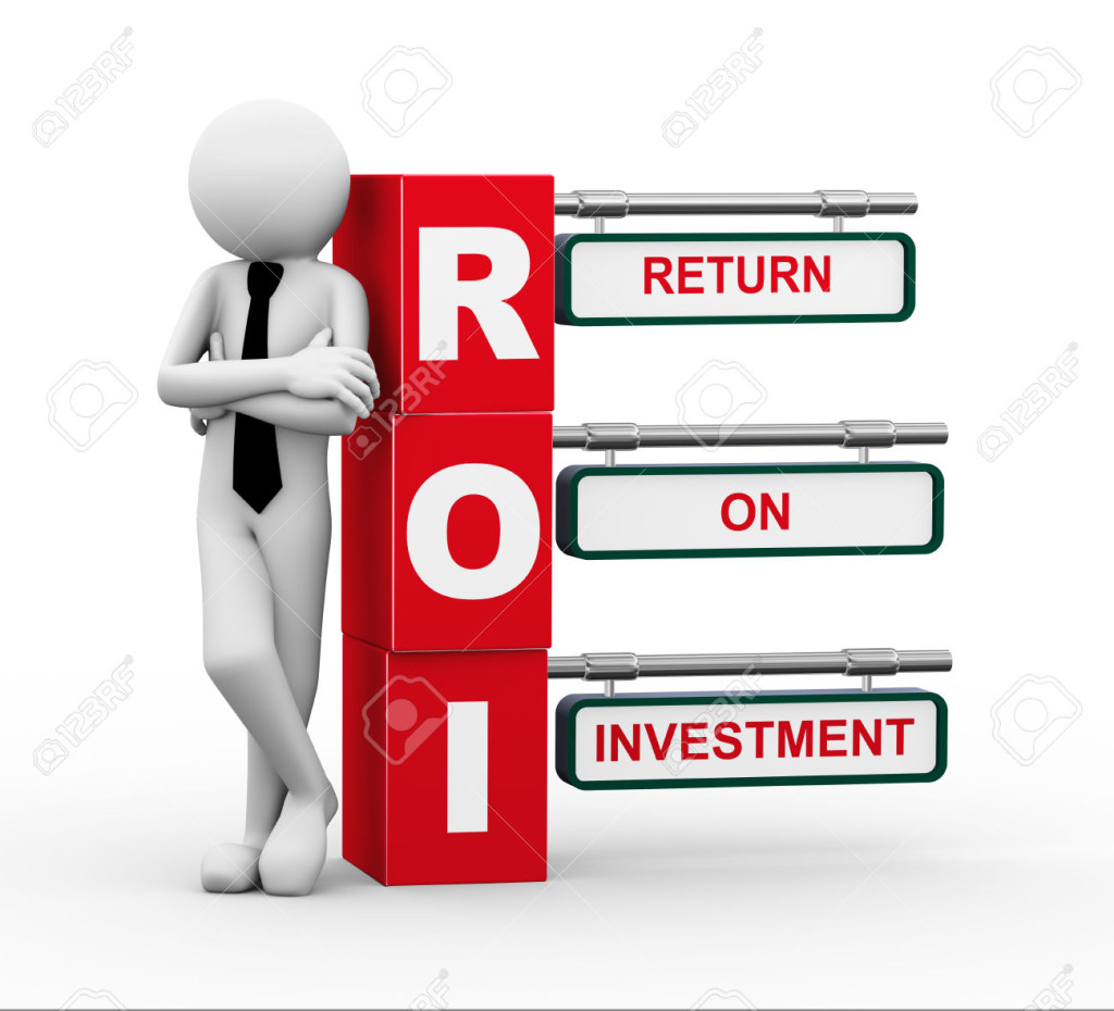 3d rendering of business person standing with roi - return on investment. 3d white people man character